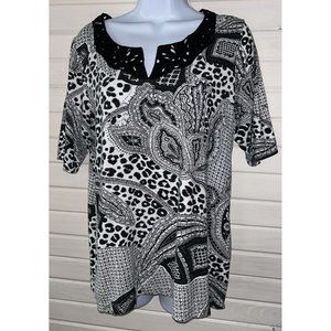 VTG Chicos Sz 2 (LARGE) Black White Eyelet Lace Trim Top Tee S/S Knit VGUC